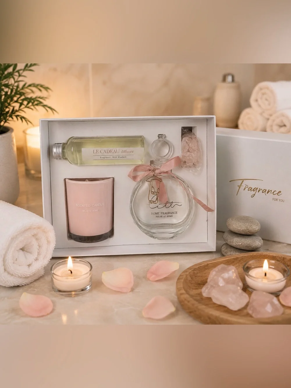 New Romantic Time Home Fragrance Gift Set | Diffuser • Candle • Rose Quartz